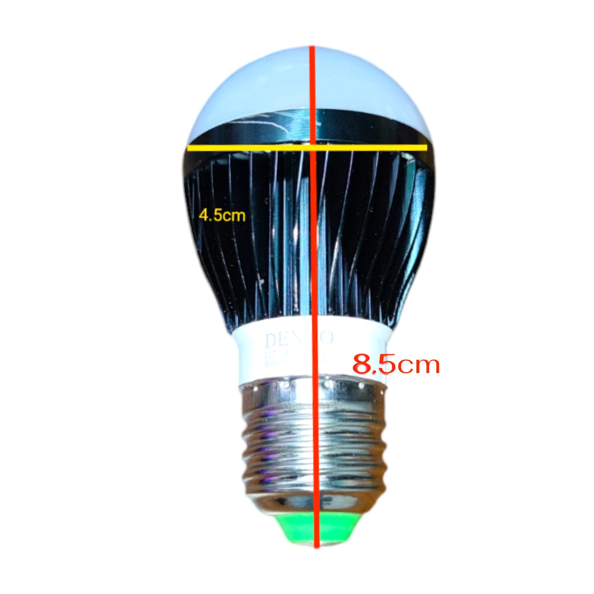 An LED light bulb with dimension markings showing a height of 8.5cm and a width of 4.5cm, isolated on a white background.