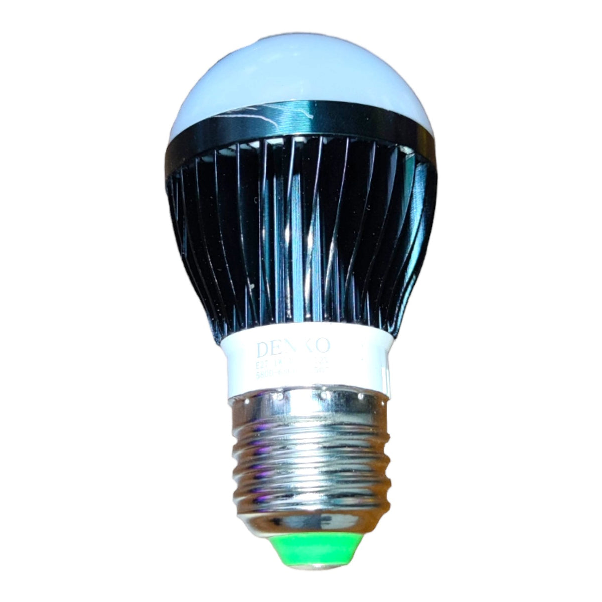 A compact LED light bulb with a ribbed black aluminum heat sink, a white plastic collar, and a silver screw base, shown against a plain white background.