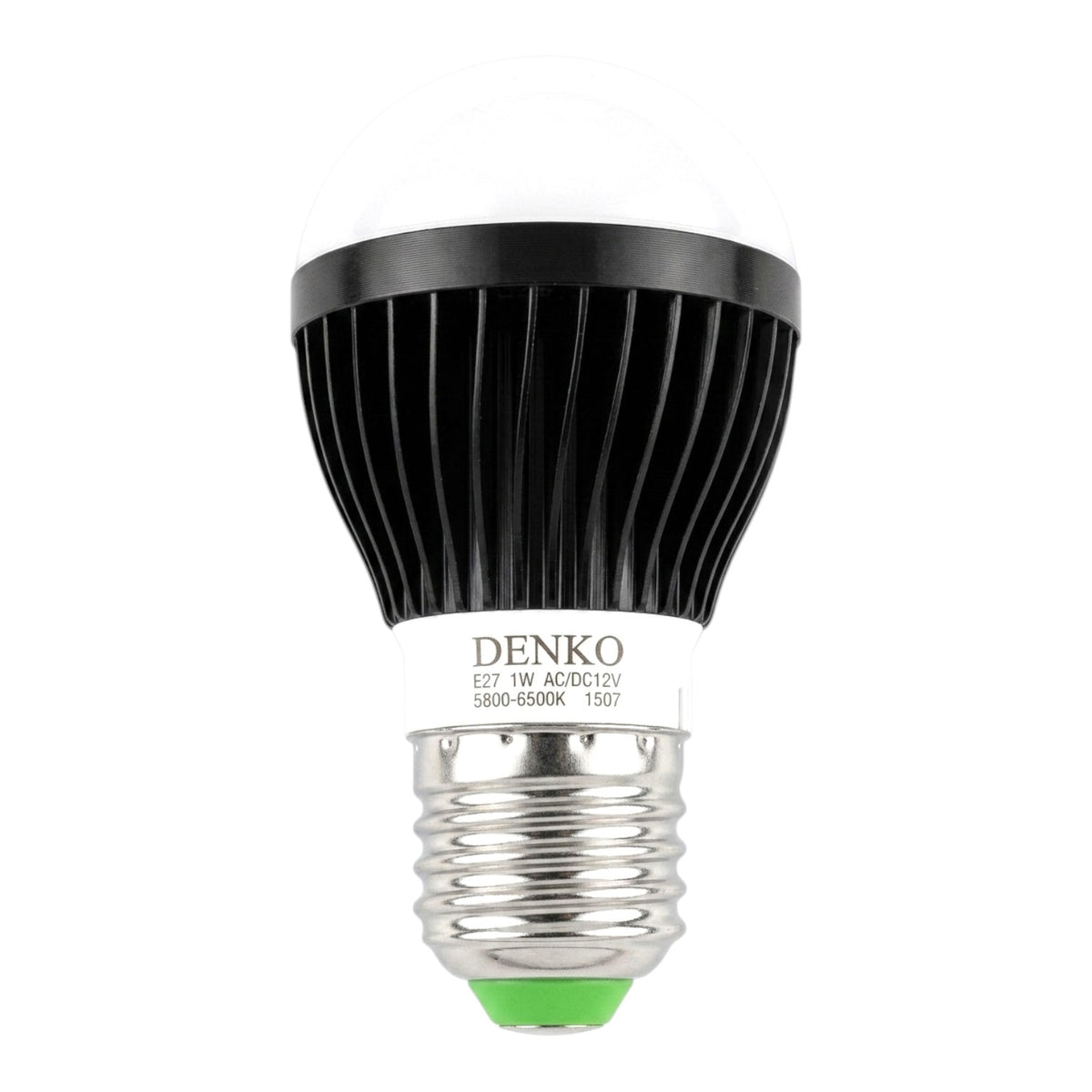 A Denko LED light bulb with a black ribbed heat sink, white label, and silver E12 screw base on a white background.