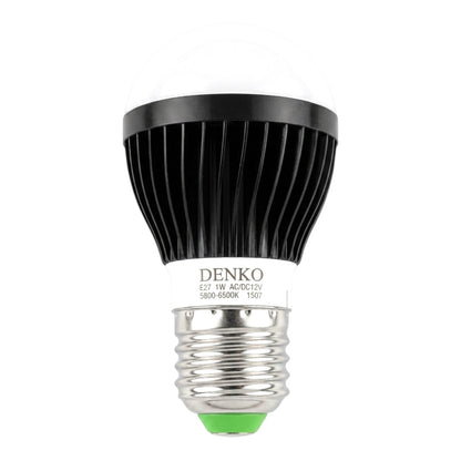A Denko LED light bulb with a black ribbed heat sink, white label, and silver E12 screw base on a white background.