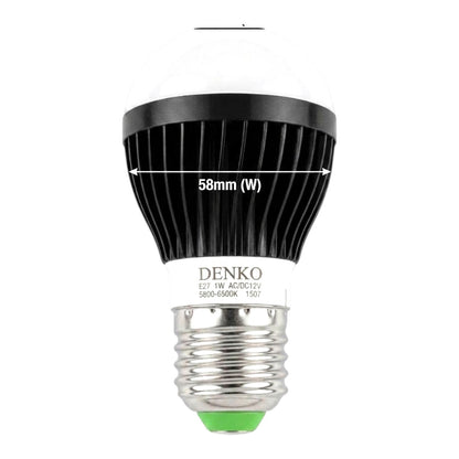 A 58mm LED light bulb with a black ribbed aluminum heat sink, a white plastic collar, and a silver E127 screw base. The brand name 'DENKO' is printed on the white collar, and a dimension overlay indicates '58mm (W)'.