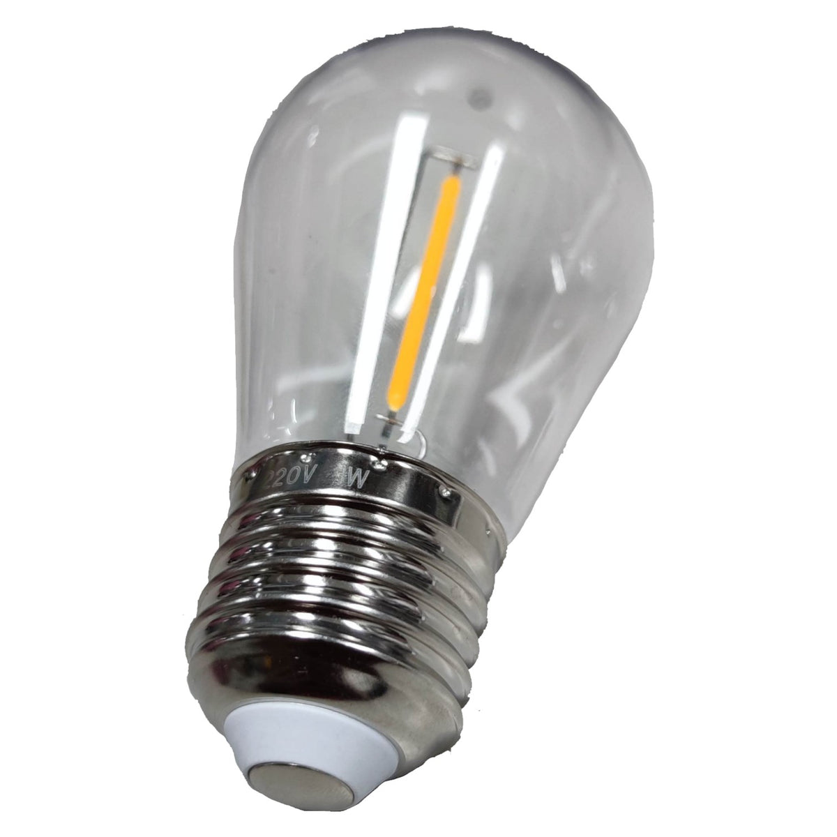 Clear LED light bulb with visible filament on a white background