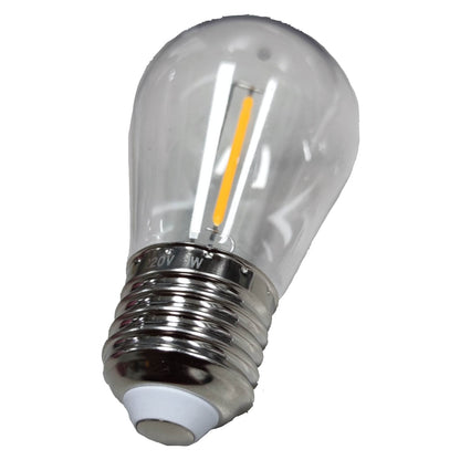 Clear LED light bulb with visible filament on a white background
