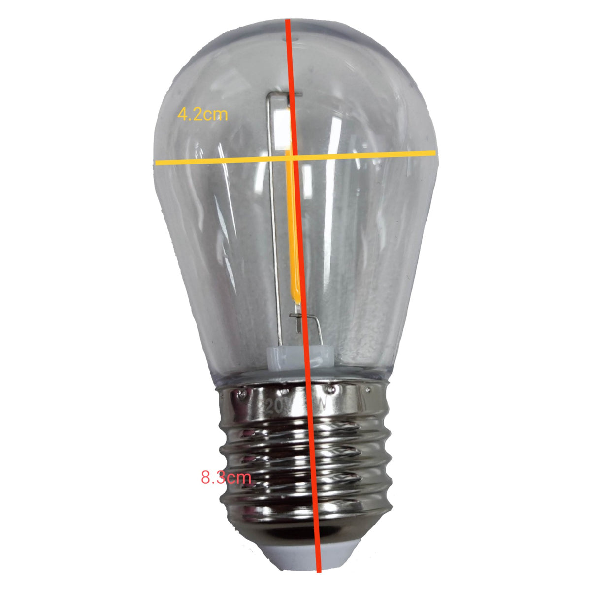 Clear light bulb with measurements on a white background