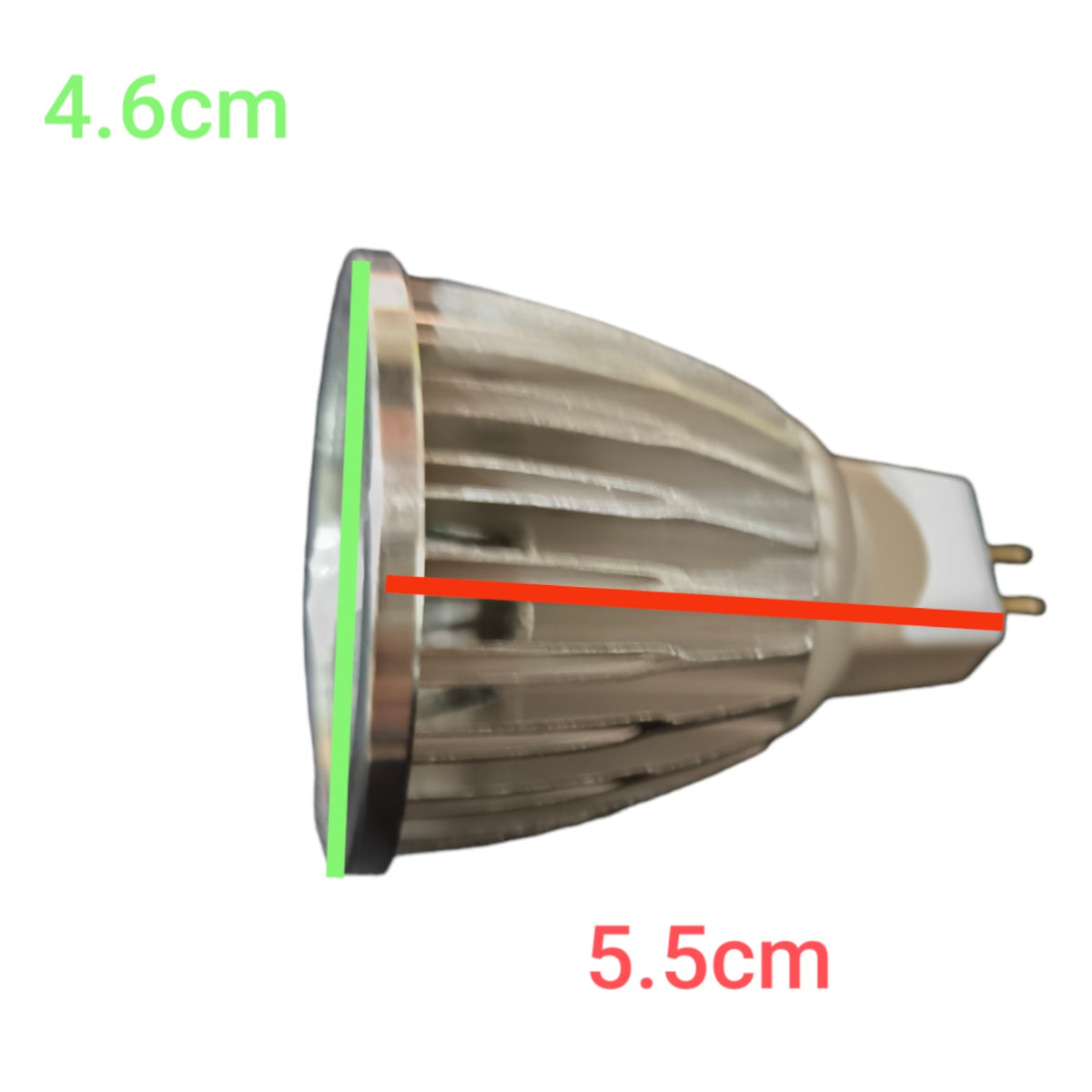 Light bulb with measurements indicated on a white background