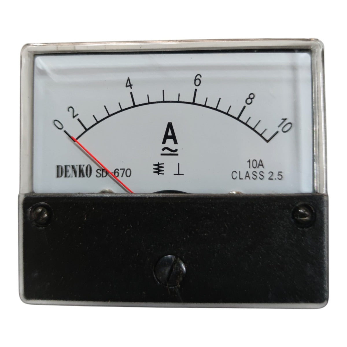 A Denko SD 670 analog ammeter with a black case, clear protective cover, white dial face, black scale markings, and a red needle.