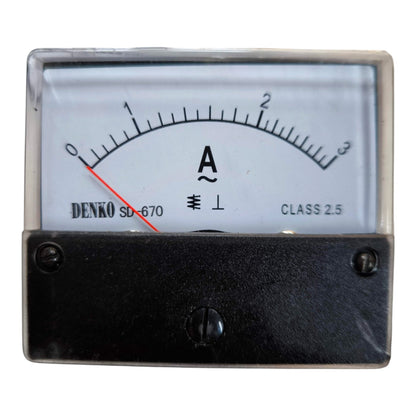 A Denko SU-670 analog ammeter with a clear protective cover, white dial face, black scale markings, red needle, and black metal housing on a white background.