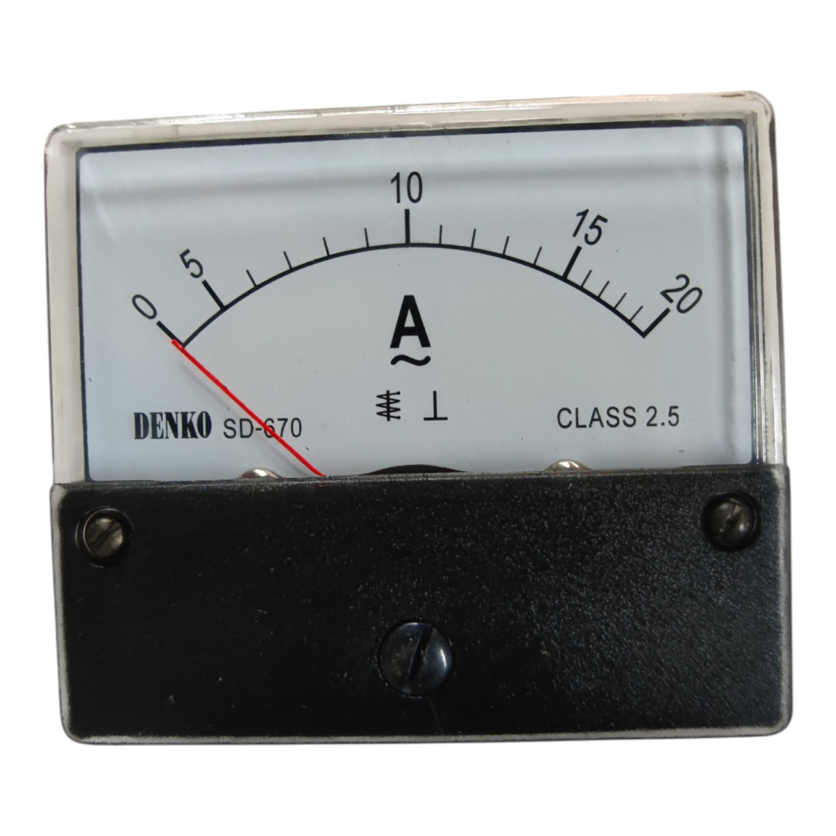 A Denko SD-670 analog ammeter with a black metal housing, clear protective glass cover, and a white dial face showing current measurements up to 20 Amps.