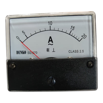 A Denko SD-670 analog ammeter with a black metal housing, clear protective glass cover, and a white dial face showing current measurements up to 20 Amps.