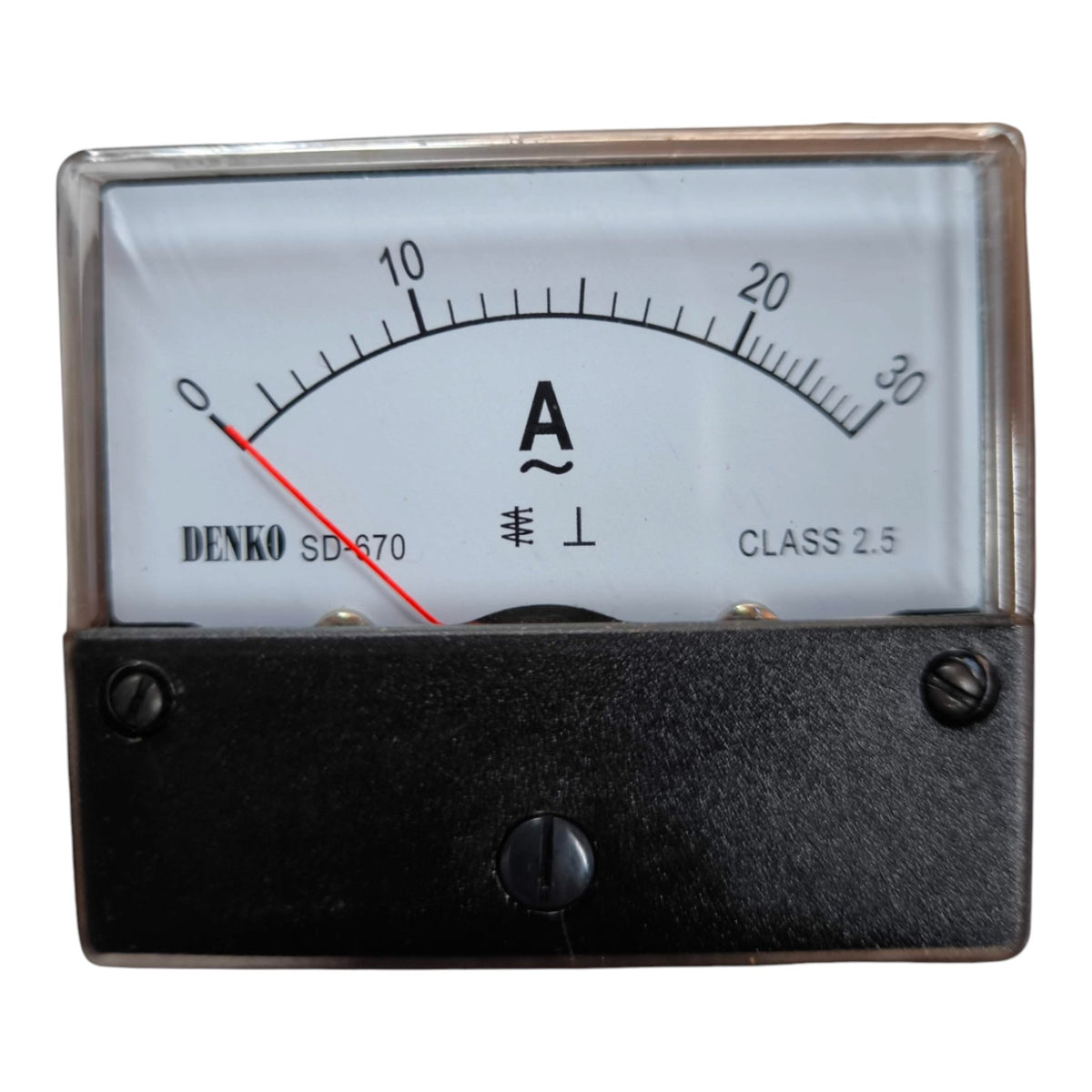 A Denko SD-670 analog ammeter with a black metal housing, clear protective cover, and a white dial face showing current measurements up to 30 Amps.