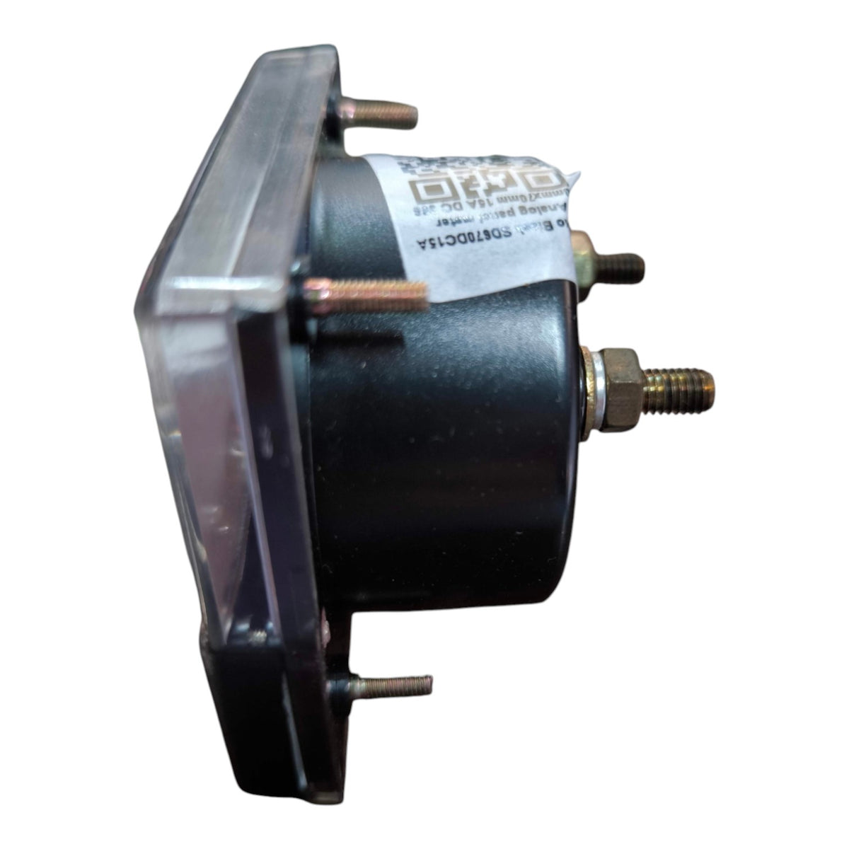 A black cylindrical electrical motor or solenoid with a clear plastic cover, mounting tabs, and a white product label, shown against a plain white background.