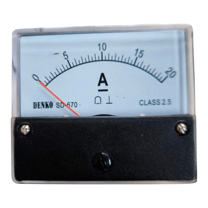 A Denko SD-670 analog ammeter with a black case, clear protective cover, and a white dial face showing current measurements up to 20 A.