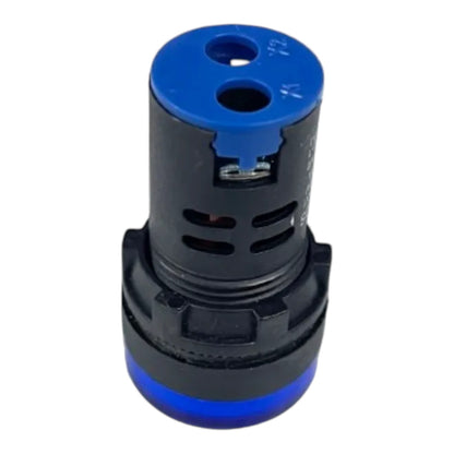 A black plastic cylindrical component with a blue top cap and blue base ring, photographed on a plain white background.
