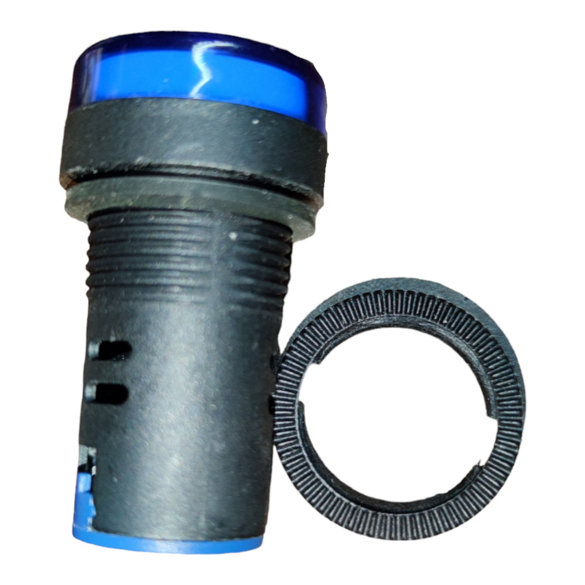 A black cylindrical industrial component with a translucent blue top cap, shown alongside a matching black textured ring on a plain white background.