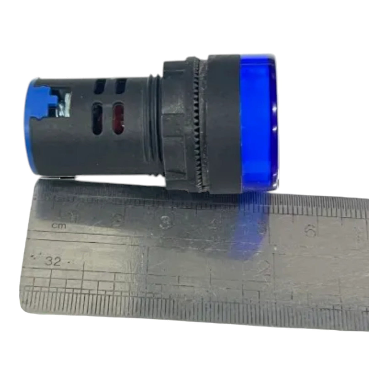 A small cylindrical black plastic component with a translucent blue end, shown next to a metal ruler for scale on a white background.