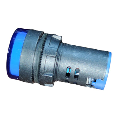 A cylindrical electrical push-button switch with a blue translucent front face and a textured gray metal body, isolated on a white background.