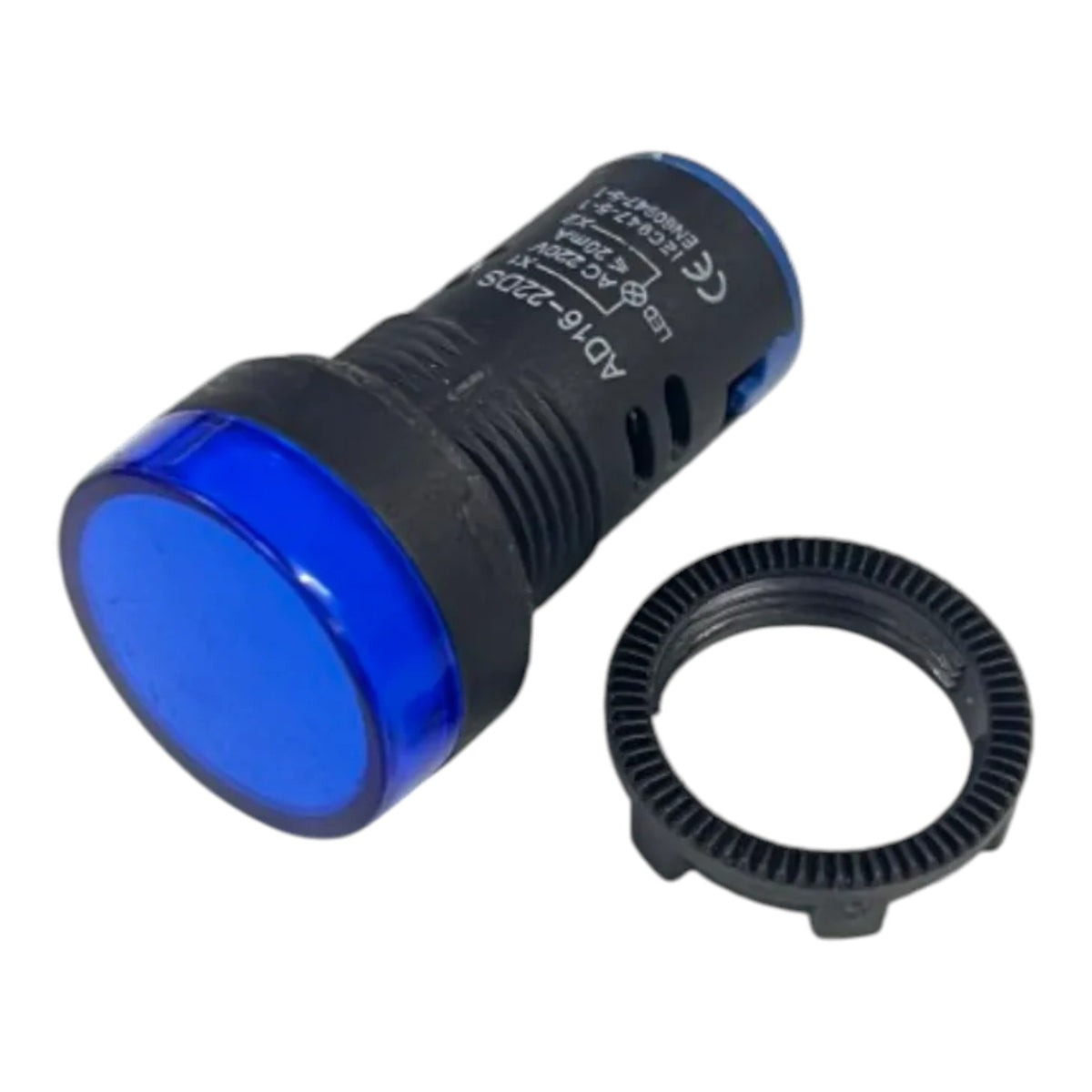 A blue indicator light switch button with a black ribbed housing and a separate black mounting ring, shown on a plain white background.