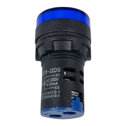 A black industrial push-button with a blue top cap and blue base, featuring printed technical specifications on its side.