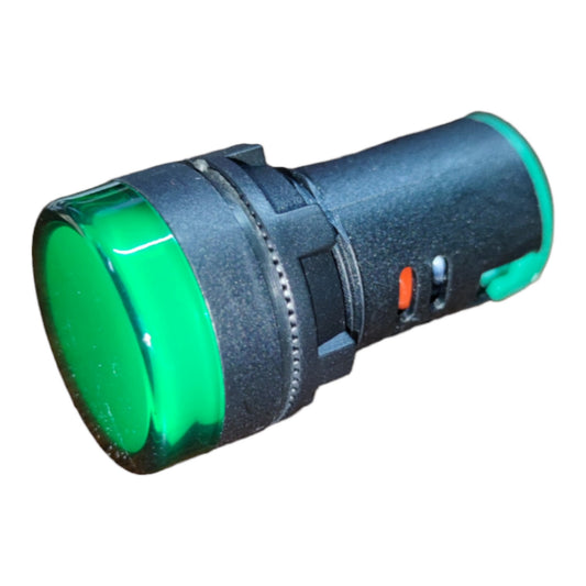 A green indicator light socket with a textured black plastic body and a small orange switch, isolated on a white background.