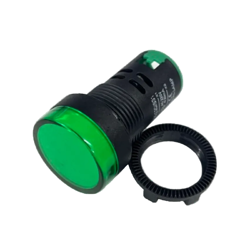 A green indicator light switch with a black ribbed body, a separate black mounting ring, and a translucent green button face, shown on a plain white background.