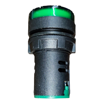 A black plastic cylindrical electrical connector or terminal block with a bright green translucent top cap and a matching green ring at the base, shown on a plain white background.