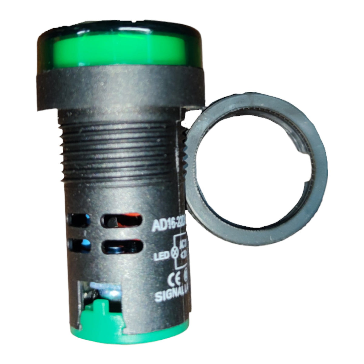 A black industrial push-button indicator light with a green lens and a separate black rubber ring, shown on a white background.