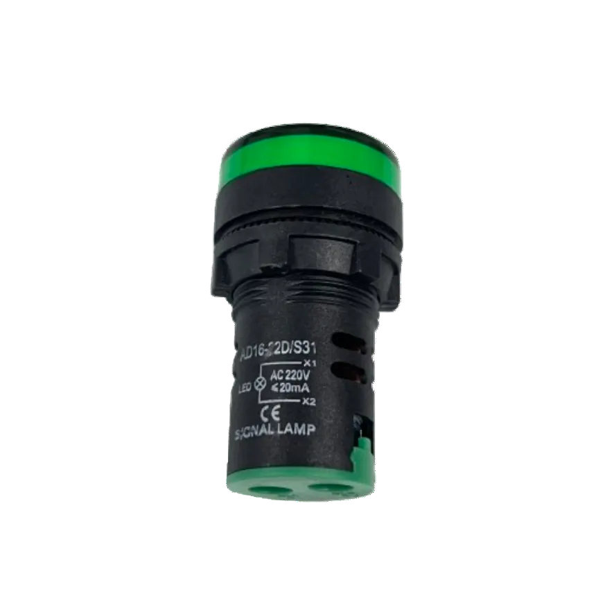 A black industrial signal lamp with a bright green top and bottom ring, featuring printed technical specifications on its side, isolated on a white background.