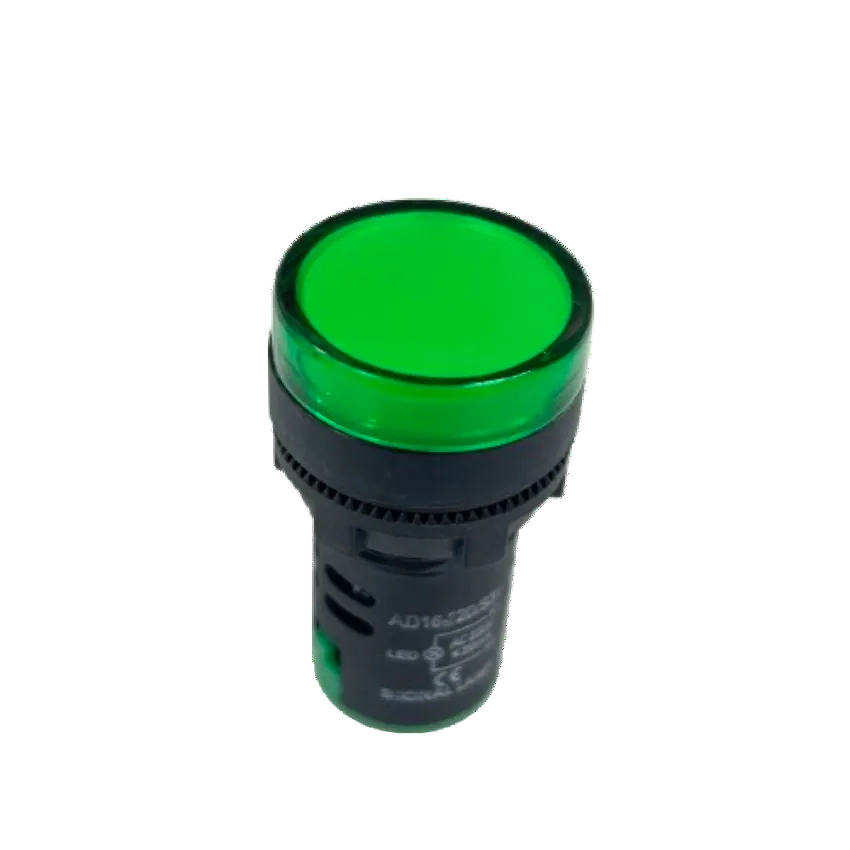 A green illuminated industrial LED indicator light with a black cylindrical housing, shown on a plain white background.