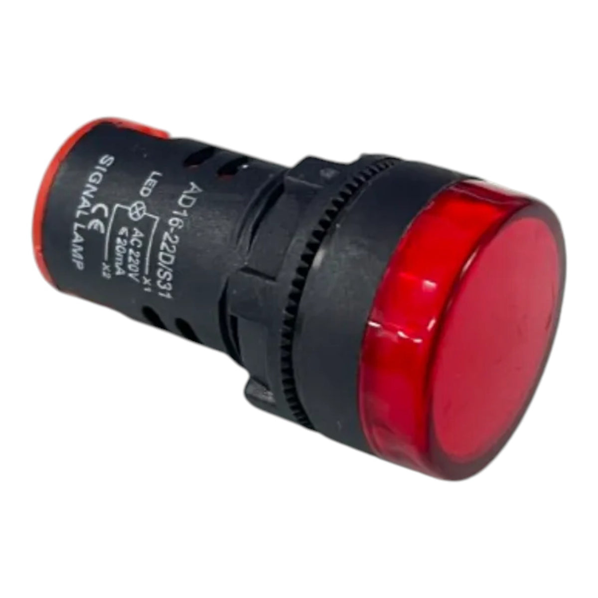 A red LED signal lamp with a black plastic housing and white printed technical specifications on the side, isolated on a white background.