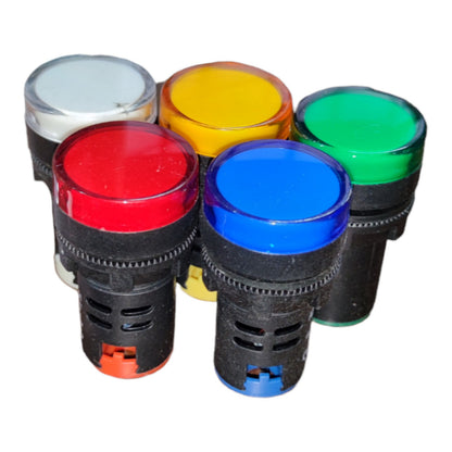 Five industrial push-button indicator lights in red, blue, green, yellow, and white, arranged together on a plain white background.