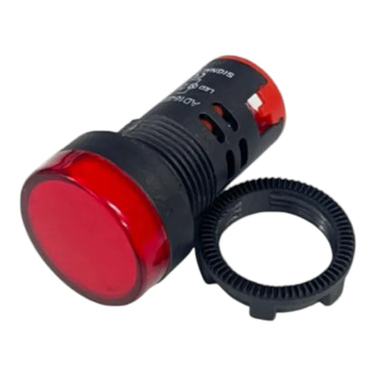 A red and black industrial indicator LED light with a ribbed black housing and a separate black mounting ring, shown on a plain white background.