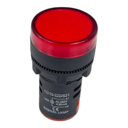 A red LED signal lamp with a black plastic base and a red translucent top, shown on a plain white background.
