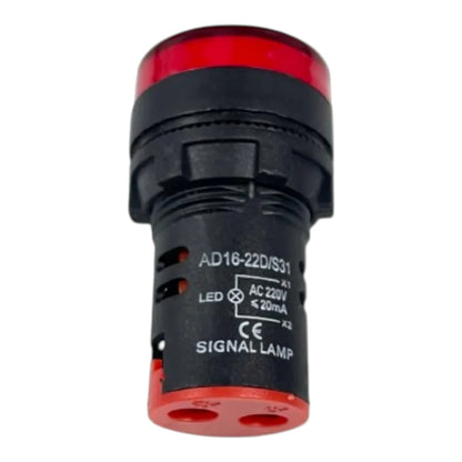 A black and red industrial LED signal lamp with printed technical specifications on the side, isolated on a white background.