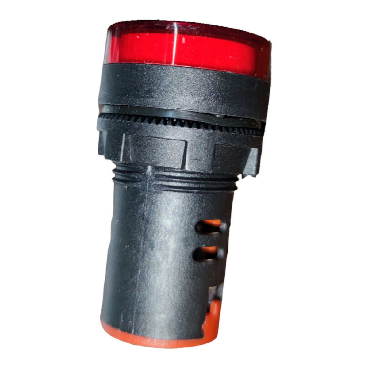 A cylindrical industrial indicator light with a red lens at the top, a black plastic body, and orange accents at the base, isolated on a white background.