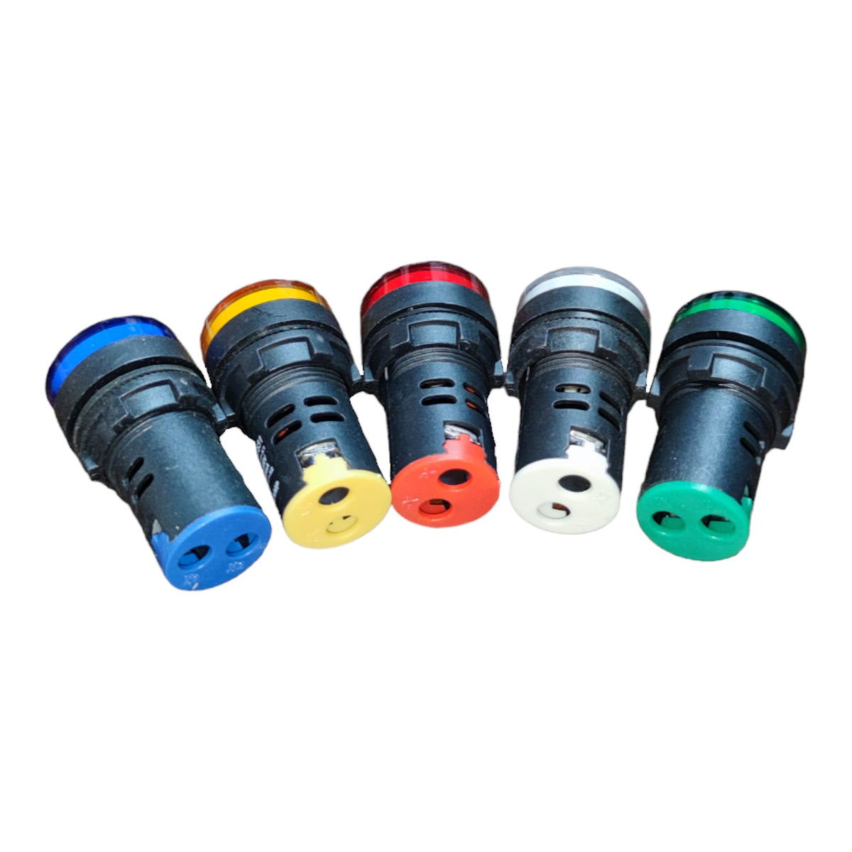 Five small cylindrical colored nozzles or spray tips arranged in a row on a plain white background. The tips are blue, yellow, red, white, and green, with the main bodies appearing dark gray or black.