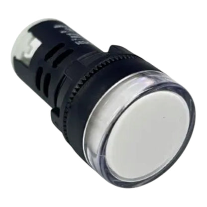 A cylindrical industrial push-button switch with a black plastic body, a clear protective cover, and a white button face, shown on a plain white background.