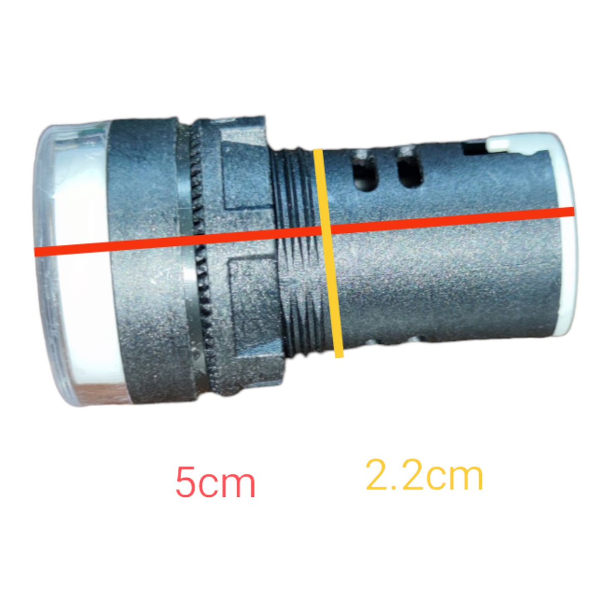A cylindrical metal component with a clear front cover, shown on a white background with overlaid dimension lines and text indicating 5 cm length and 2.2 cm width.