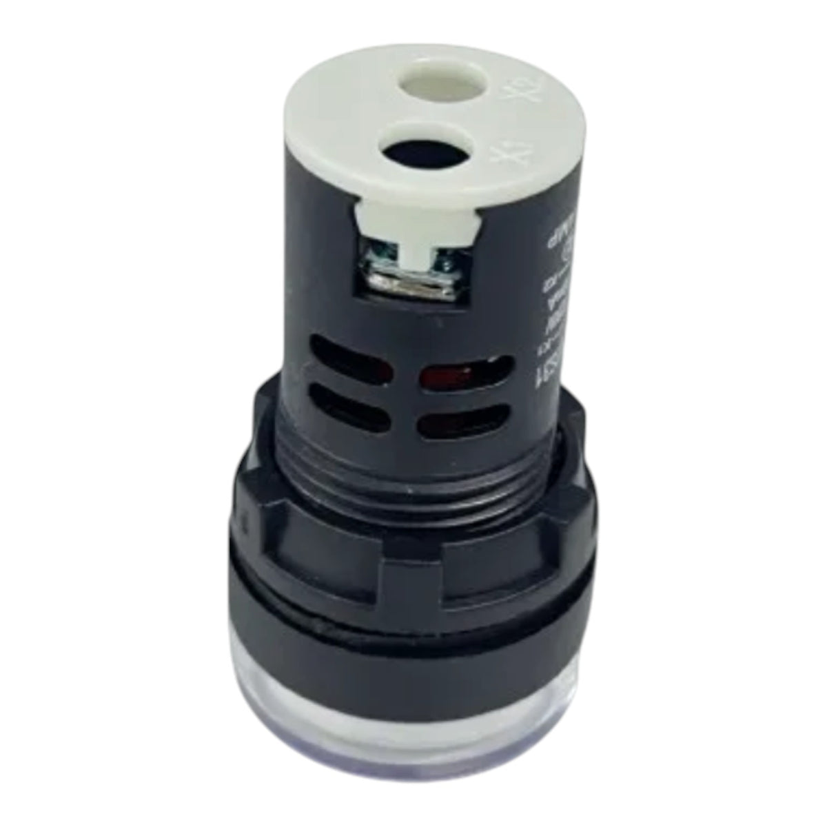 A black cylindrical air filter element with a white top cap and a clear bottom base, shown against a plain white background.