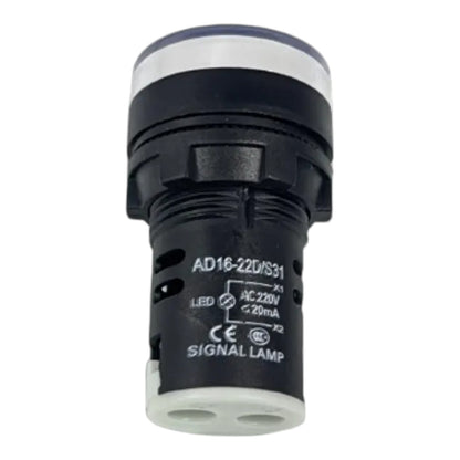 A black industrial signal lamp with a white plastic base and a white top cap, featuring printed technical specifications and CE markings on its side.