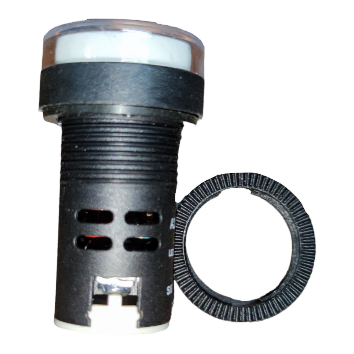 A black plastic cylindrical electrical push-button switch with a clear top cover and white base, shown alongside a matching black textured ring on a white background.