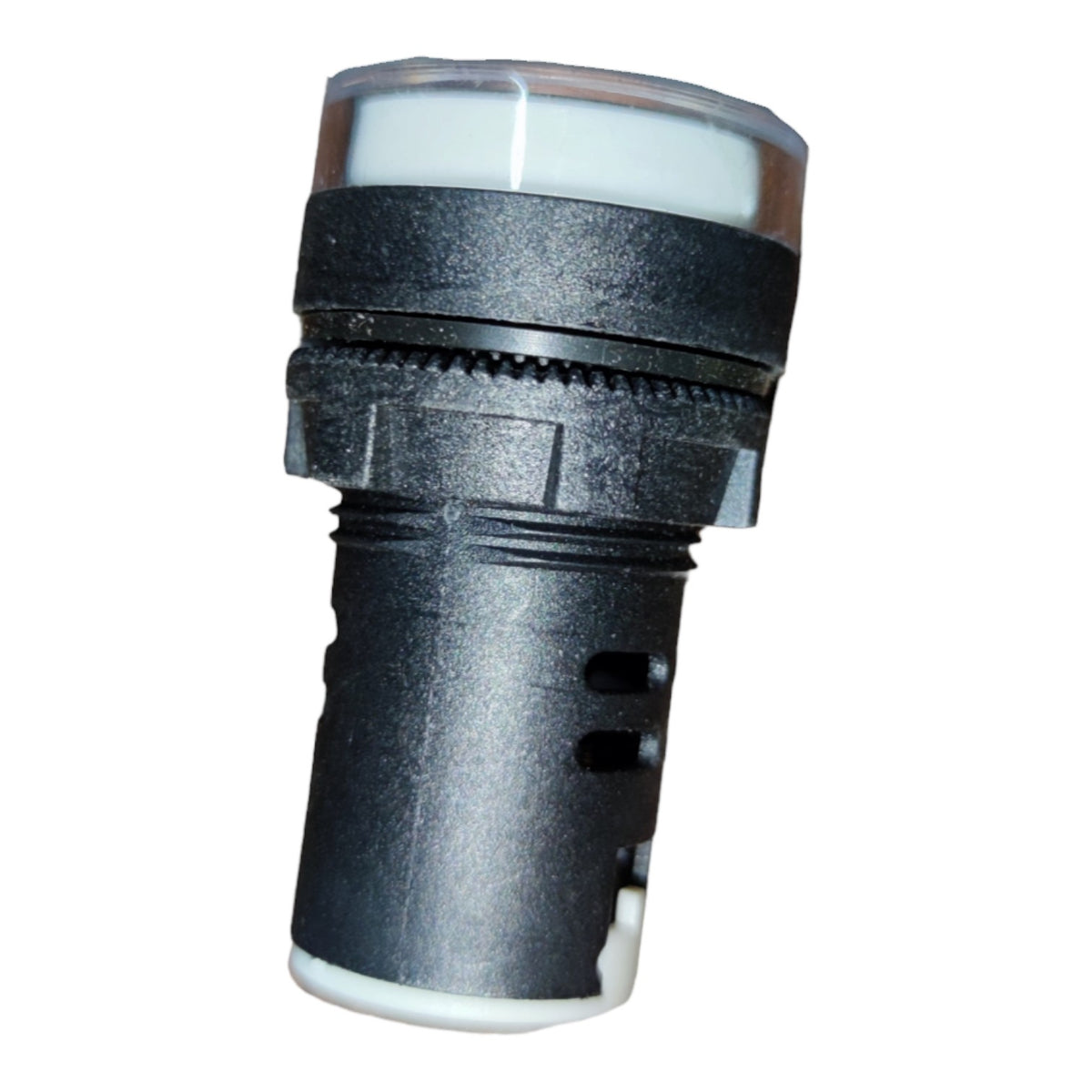 A black plastic cylindrical light fixture or switch component with a white translucent top cap and white base, shown on a plain white background.