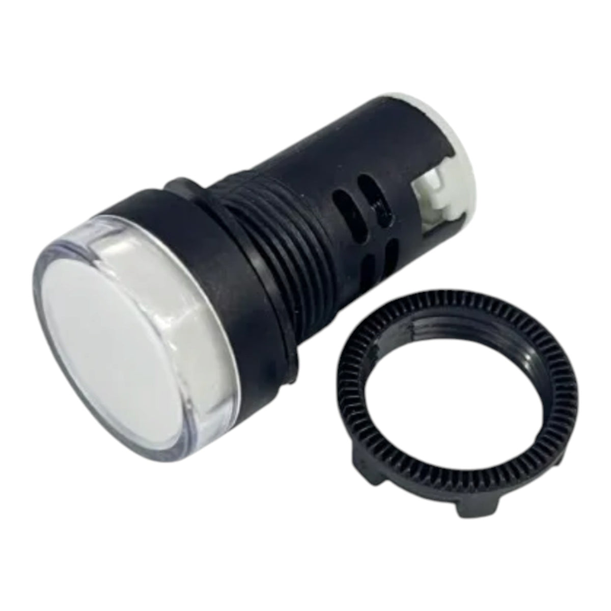 A black cylindrical light fixture or lamp with a clear lens on one end and a separate black threaded ring placed beside it, shown on a plain white background.