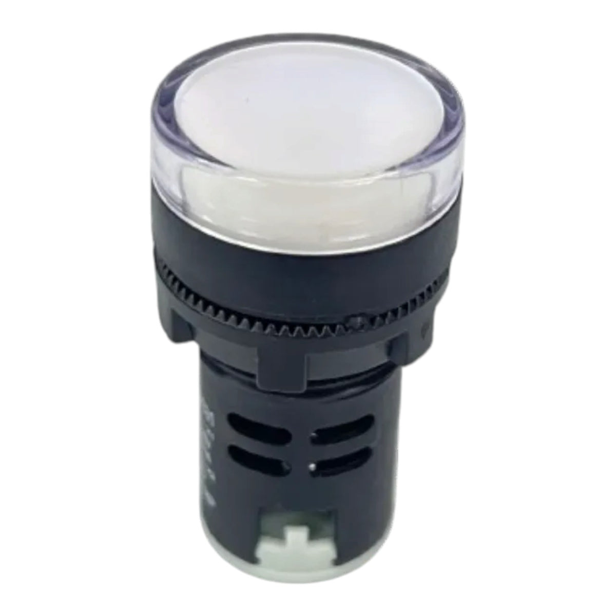 A cylindrical industrial push-button switch with a black body, a clear protective top cover, and a white button face, shown on a plain white background.