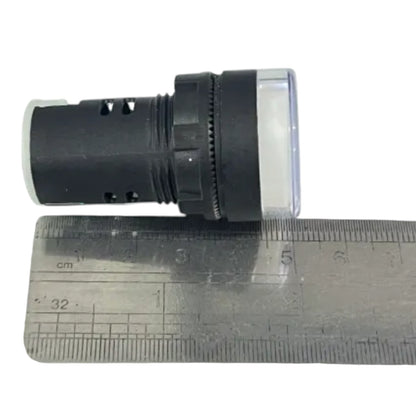 A black cylindrical plastic component with a clear lens or cover on one end, shown next to a metal ruler for scale on a white background.