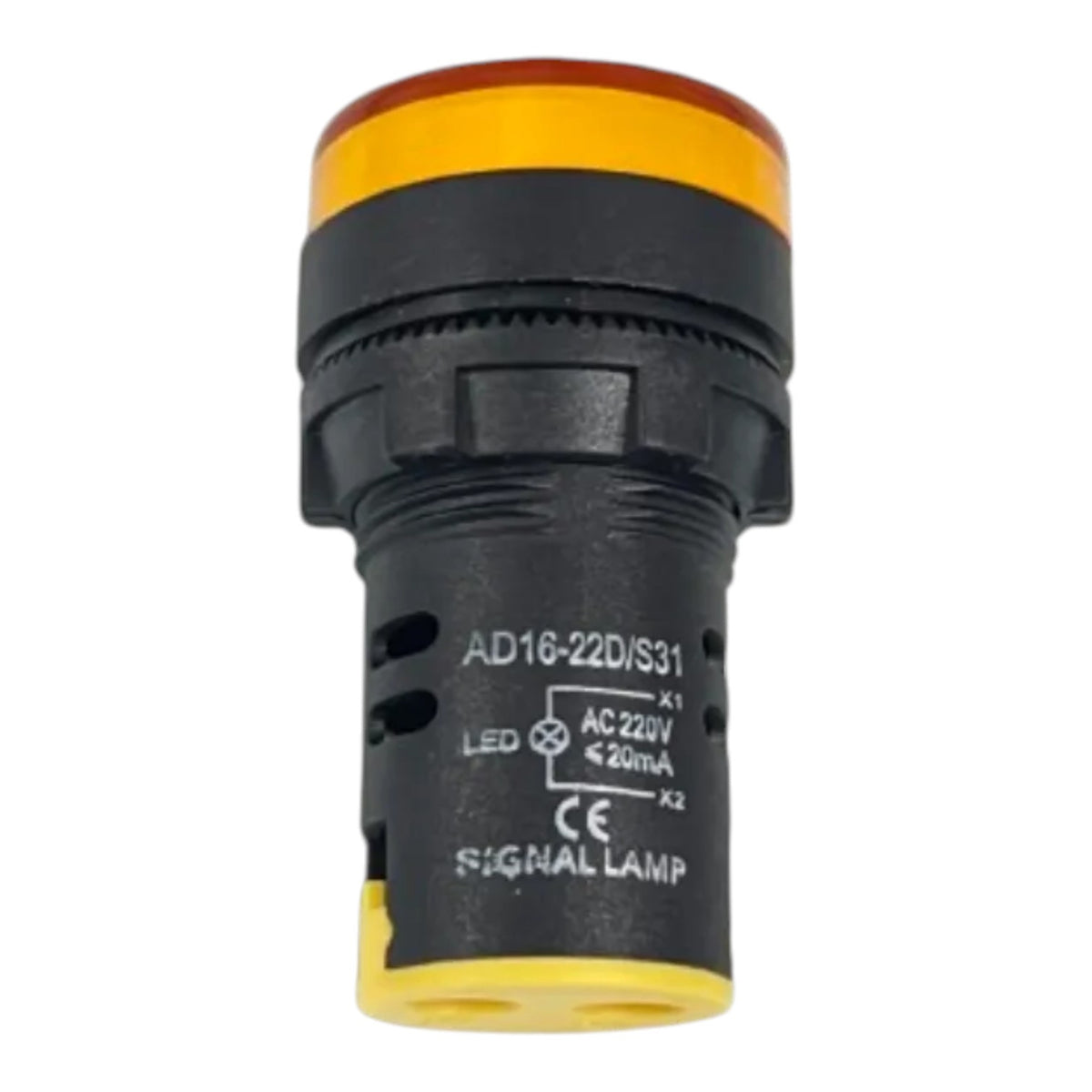 An industrial signal lamp with a black plastic body, a yellow top cap, and a small amber light at the tip, shown on a plain white background.