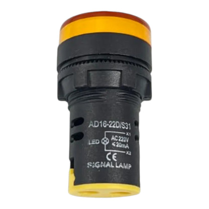 An industrial signal lamp with a black plastic body, a yellow top cap, and a small amber light at the tip, shown on a plain white background.
