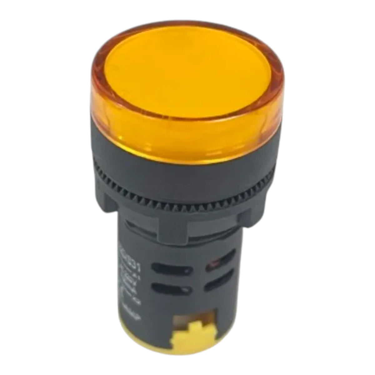 An industrial indicator light switch with a translucent amber yellow top and a black plastic body, shown on a plain white background.
