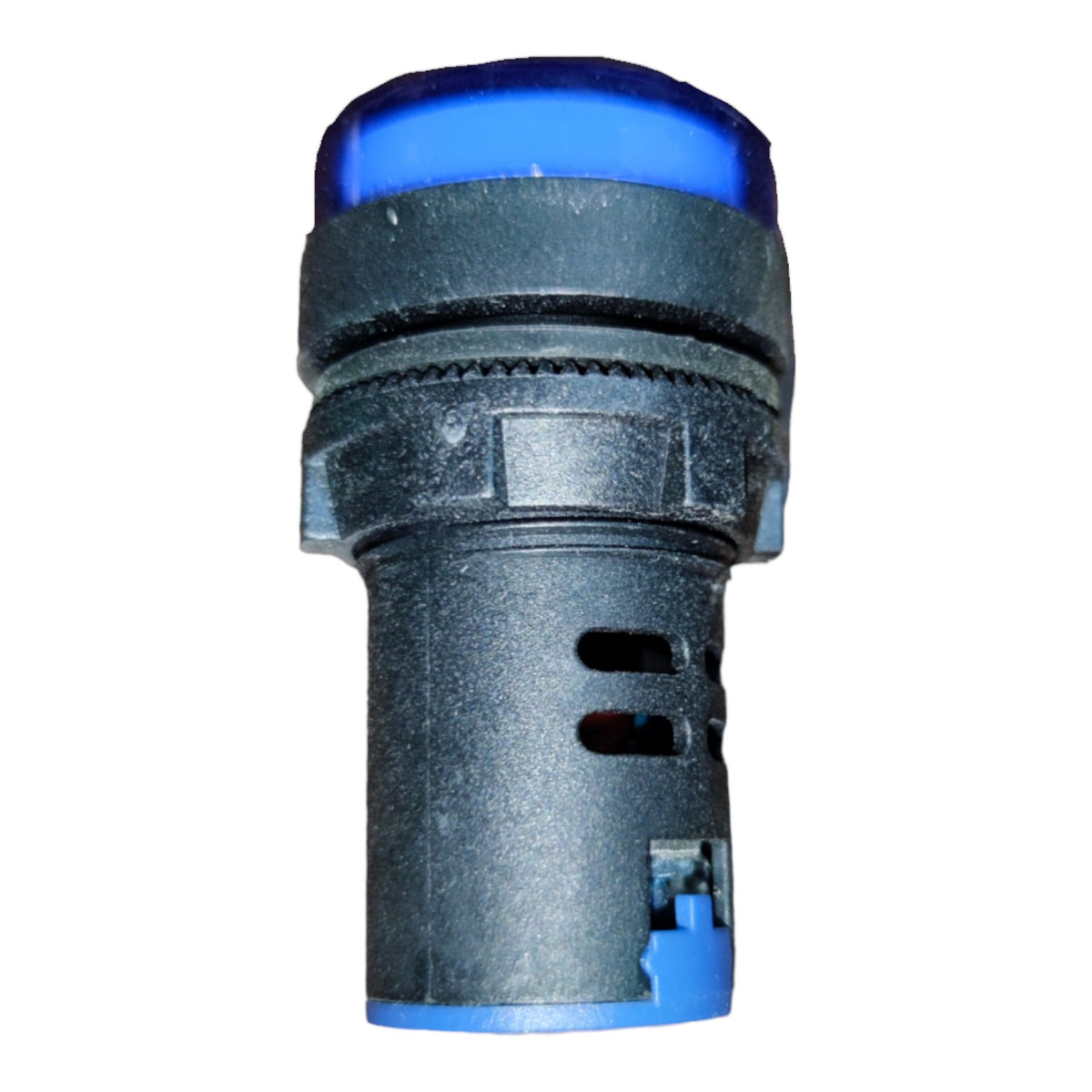 A cylindrical industrial indicator light or switch component with a textured dark gray body, a bright blue top cap, and a blue bottom trim, isolated on a white background.