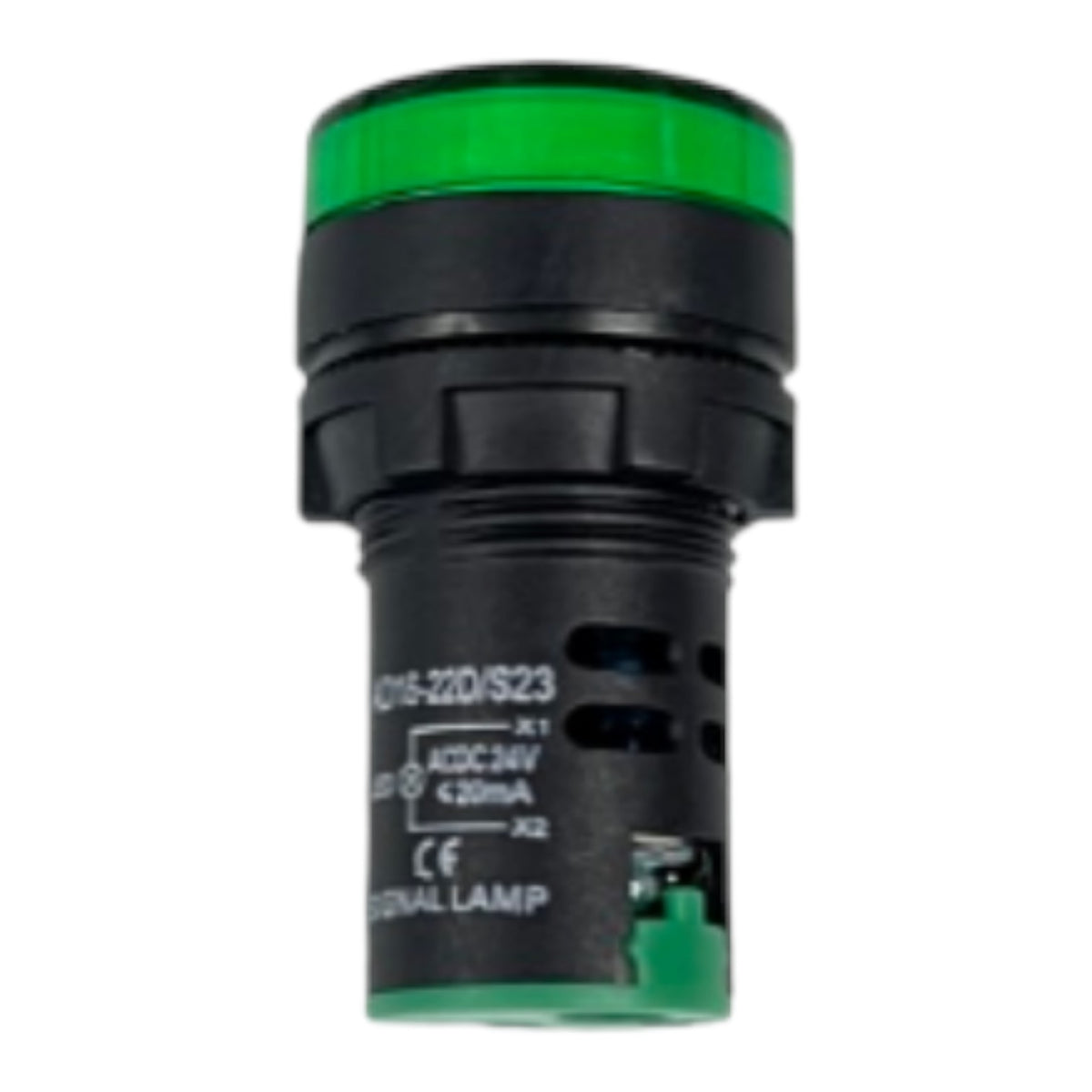 A black industrial signal lamp with a green lens and green base, featuring printed technical specifications on the side.