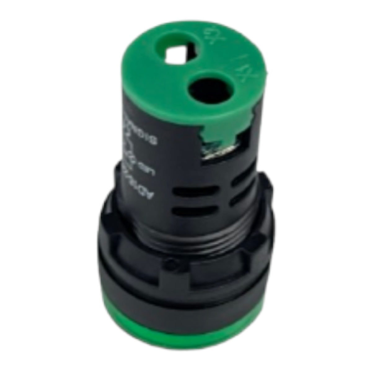A black and green plastic garden hose nozzle adapter with white printed text, shown on a plain white background.